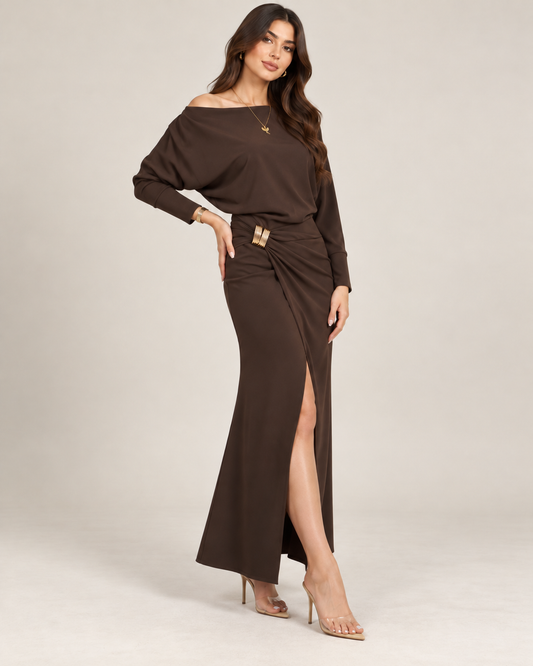 Rochie Brynn lungă de seară, maro