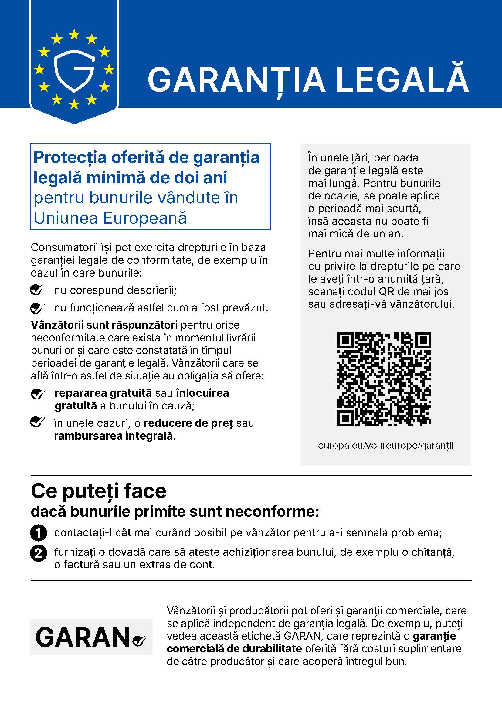 Notificare privind garanția legală de conformitate